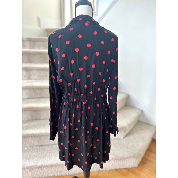 GANNI Black & Red Polka Dot Ruched Long Sleeve Mini Dress - Picture 4 of 8